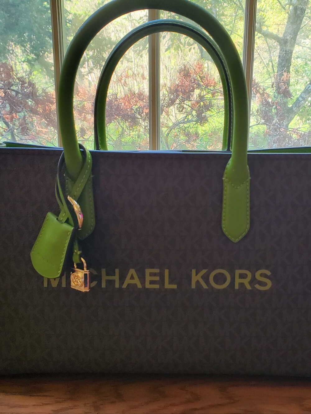 Michael Kors Black Signature Tote with Green Handles